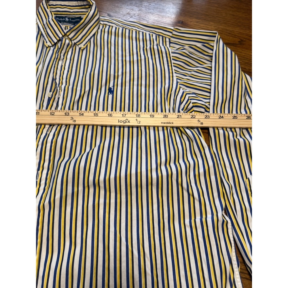 Ralph Lauren Classic Fit Mens 16 L Striped Button Down Shirt Yellow Navy Blue - Picture 4 of 6
